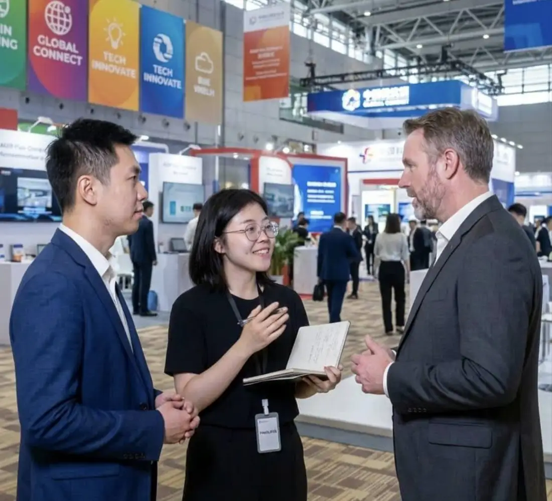 International buyer meeting a supplier at the Canton Fair, supported on site by the Canton Concierge two-person team